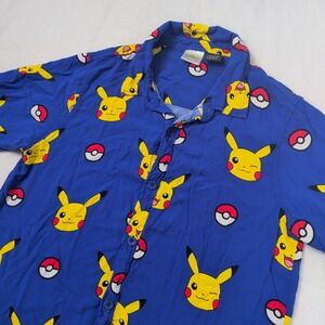 Pokemon Pikachu Poke Ball Blue Button Up Shirt Boys Large